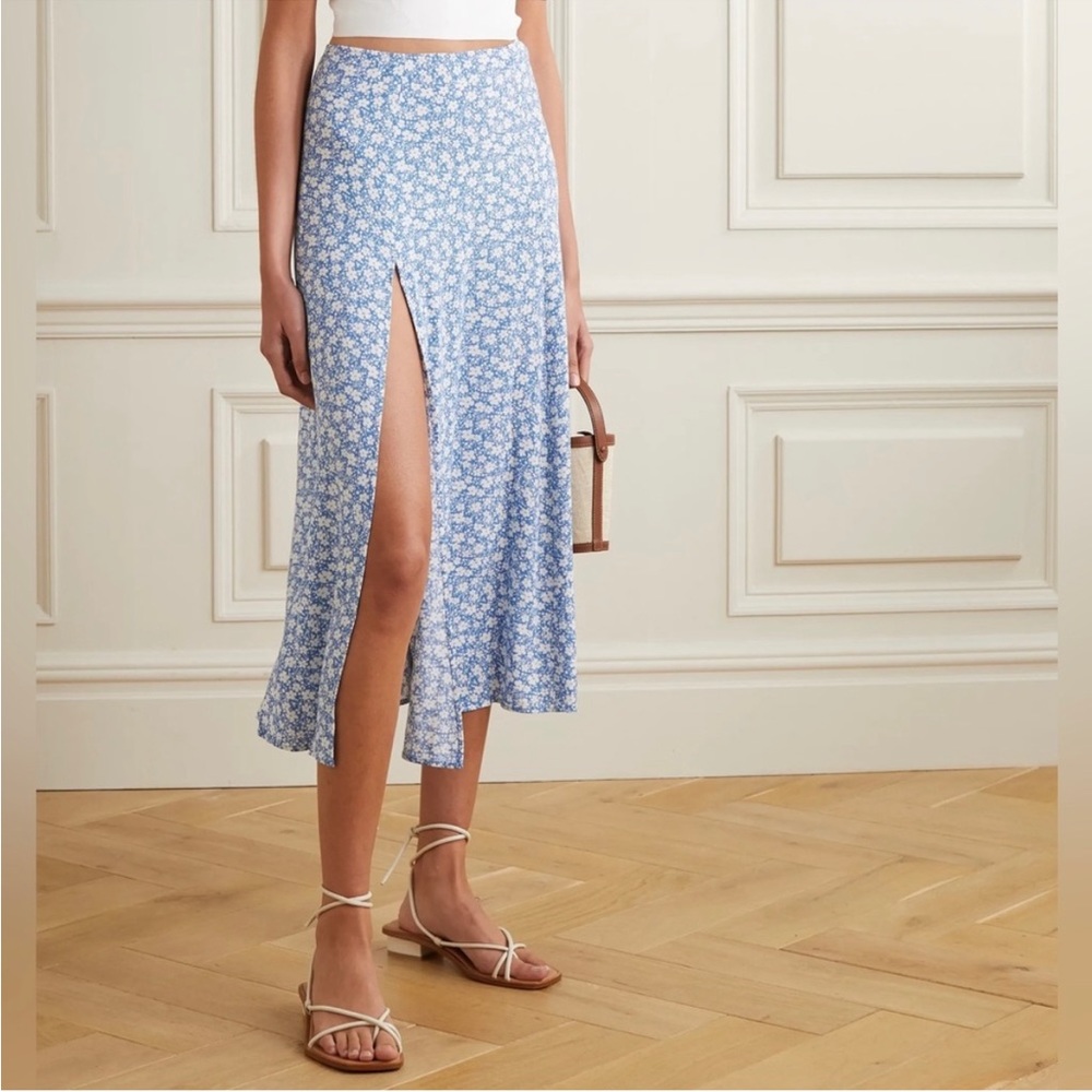 Reformation Blue w white flowers front slit Midi Skirt NWOT
